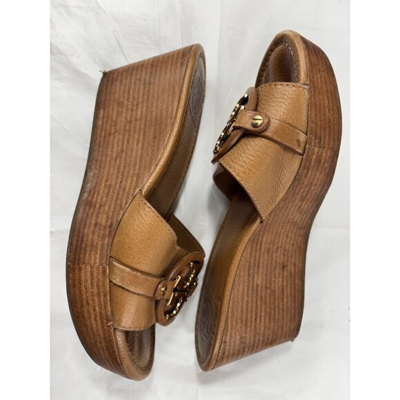 Tory Burch Selma Wedge Platform Slides Shoes Tan Pebbled Gold Logo Open Toe Sz 7 - Picture 7 of 11